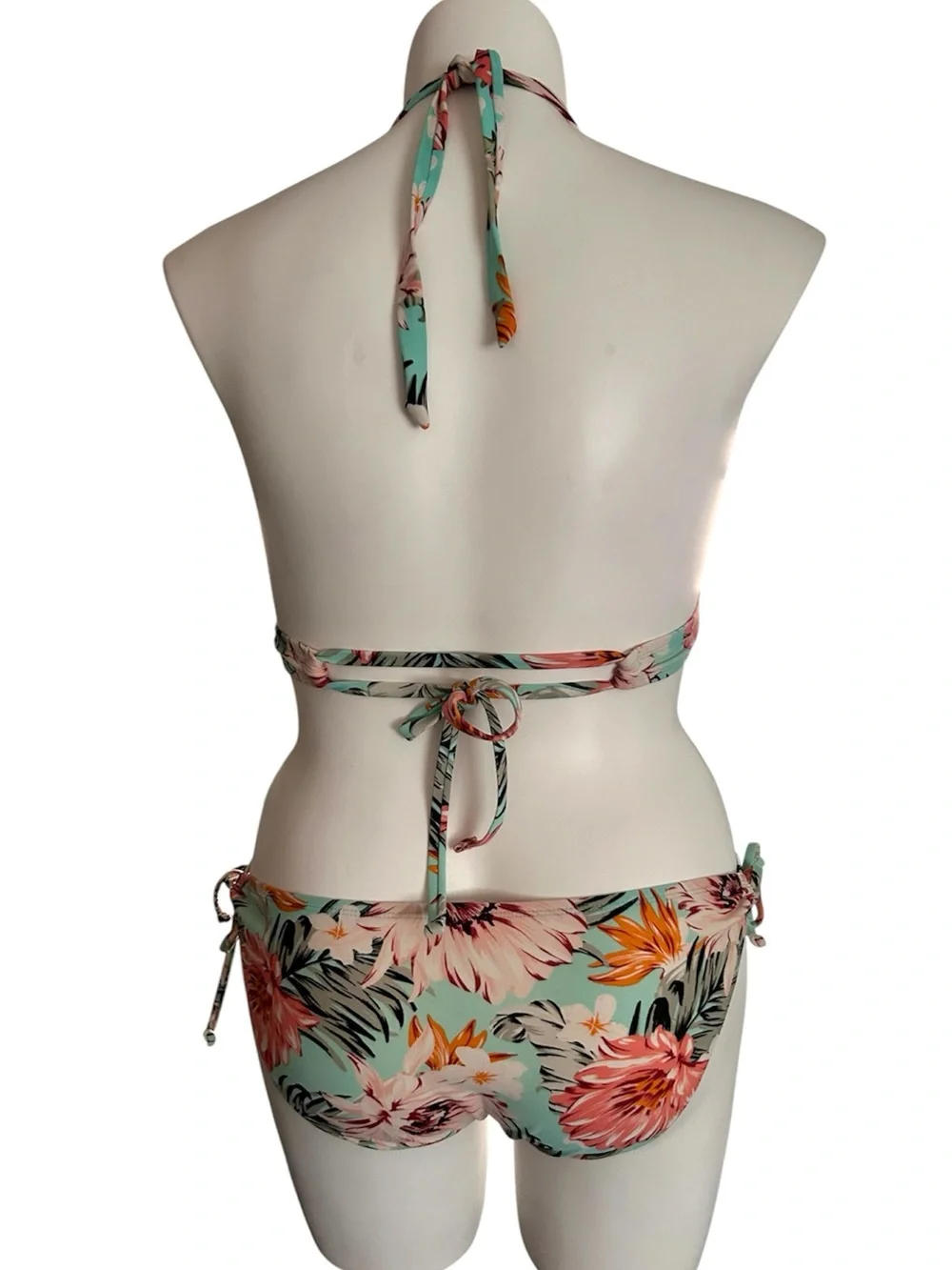 Kona Sol Bikini Floral Print Aqua Pink White Low Rise Bottoms EUC Sz L